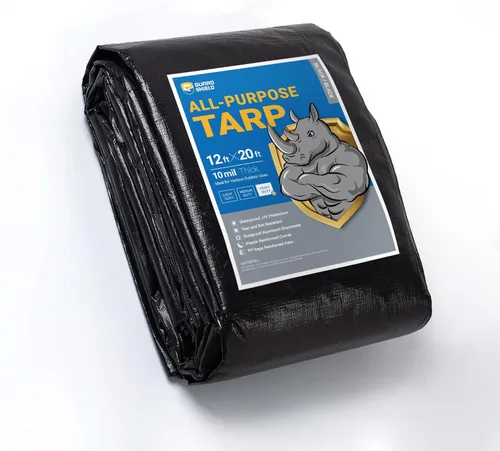 Vista 160 de GUARD SHIELD Lona resistente de 12 x 16 pies, cubierta de lona de polietileno negra y plateada impermeable, gruesa, multiusos, de 25/64 pulgadas