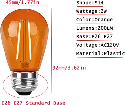 Vista 2 de Paquete de 15 bombillas LED naranjas S14 de repuesto de 2 W, bombilla nocturna inastillable de plástico E26, tira de luces de base E26, bombilla