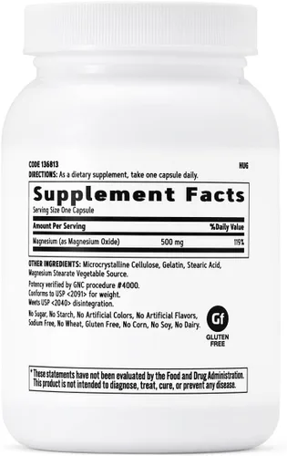 Vista 2 de GNC Magnesio 500mg, 120 cápsulas, soporta la absorción de calcio y dientes y huesos fuertes