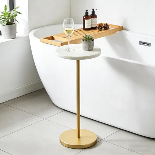Vista 3 de COVLON Mesa de bebida de mármol natural, mesa de pedestal, mesa auxiliar redonda pequeña, mesa de Martini para sala de estar, baño, espacio pequeño