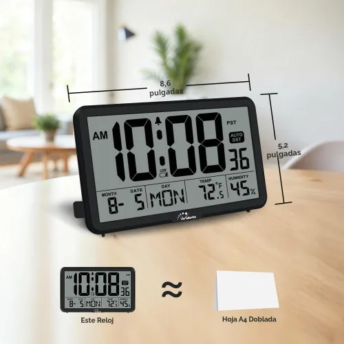 Vista 2 de WallarGe Reloj de pared digital de ajuste automático, funciona con pilas, relojes de escritorio con temperatura, humedad y fecha, reloj despertador