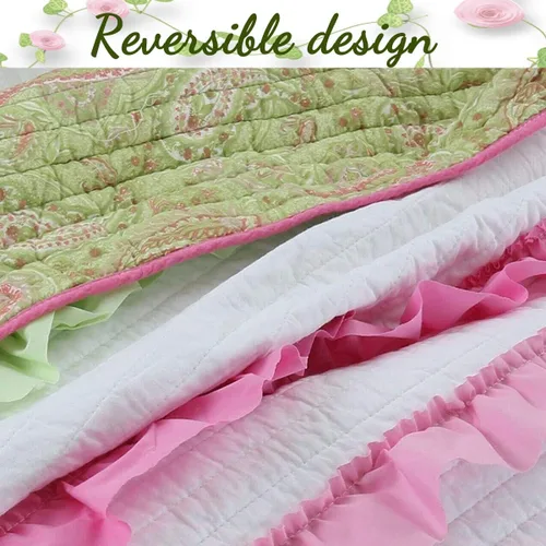 Vista 5 de Cozy Line Home Fashions Juego de ropa de cama acolchada reversible de niña con volantes elegantes rosa verde, 100% algodón, cubrecama, colcha