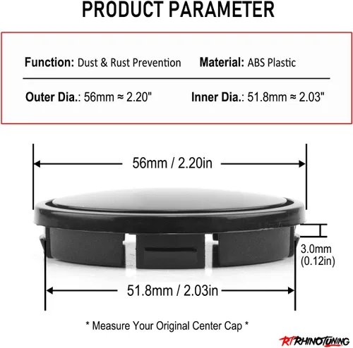 Vista 2 de Tapones de llantas centrales de rueda de auto ABS, color negro, 56 mm. Juego de 4