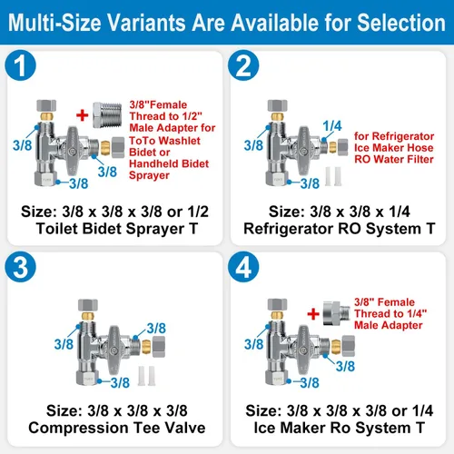 Vista 9 de YUHX Válvula Add-A-Tee de parada angular de latón, salida de compresión de 3/8 pulgadas conexión fácil desviador de 3 vías 3/8"x3/8"x1/4" o 3/8