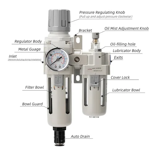 Vista 2 de Regulador de presión de aire con medidor de presión (0-150PSI), separador de agua para compresor de aire, drenaje automático, interfaz roscada 1/2