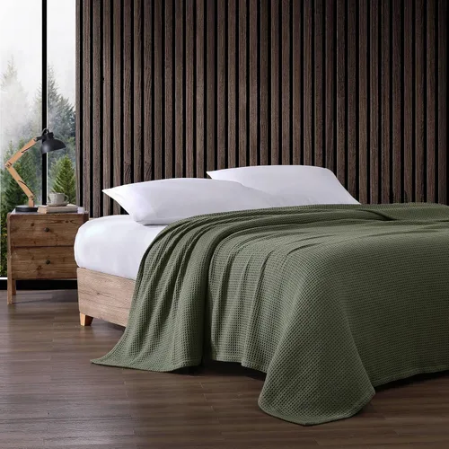 Vista 3 de Eddie Bauer - Manta tamaño Queen, ropa de cama de algodón 100% suave con textura de tejido gofre, 400 GSM, manta para sofá o cama (verde)