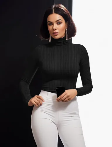 Vista 2 de Camiseta de cuello alto para mujer, manga larga, punto acanalado, ajustada, térmica, básica, en capas