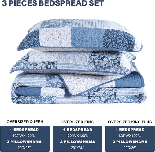 Vista 8 de Colcha tamaño Queen 100% algodón de 120 x 102 pulgadas, juego de edredón de gran tamaño, colcha extragrande de granja, patrón botánico a cuadros