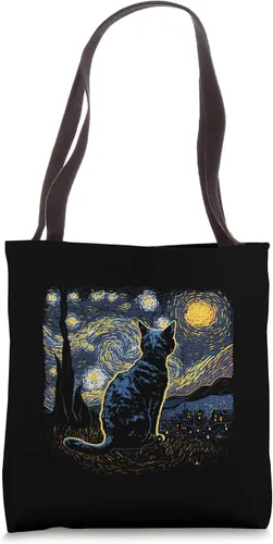 Bolsa de mano divertida con diseño de gato inspirado en la noche estrellada