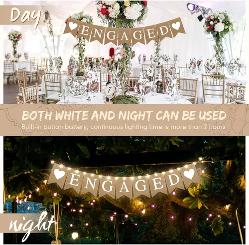 Vista 5 de Decoraciones de fiesta de compromiso, pancarta de compromiso, guirnalda de banderines rústica de arpillera, guirnalda de luces LED que funcionan