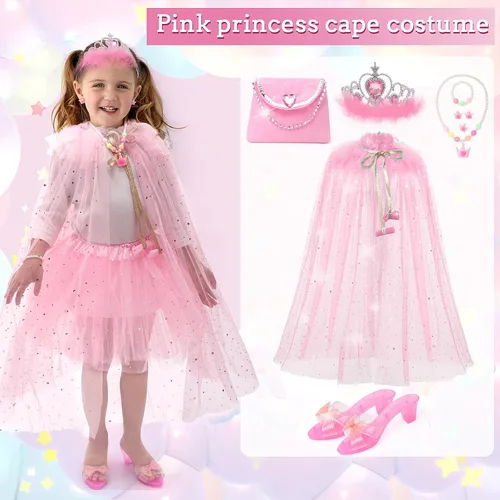 Vista 2 de FUNCREVITY Ropa de princesa para niñas pequeñas, conjunto de disfraz de princesa de hadas con tutú, capa, zapatos, joyería de juego, diadema