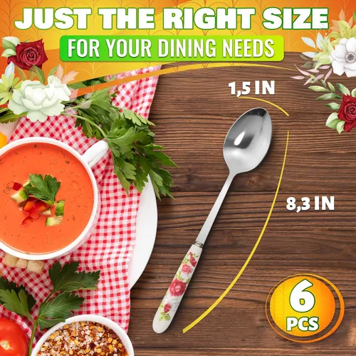 Vista 51 de Juego de 6 cucharas de café con mango de cerámica – Cucharas pequeñas de postre de 6.1" con diseño floral – Cuchara de acero inoxidable para té