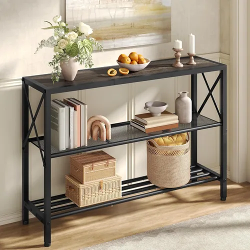 Vista 16 de Hoctieon Mesa consola industrial, mesa de entrada de 3 niveles, mesa de pasillo, mesa de sofá estrecha con estantes, mesa de entrada para entrada
