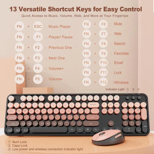 Vista 3 de Combo de teclado y mouse inalámbricos Nowlike, teclado retro de máquina de escribir con teclas redondas, ergonómico de tamaño completo, rojo aurora