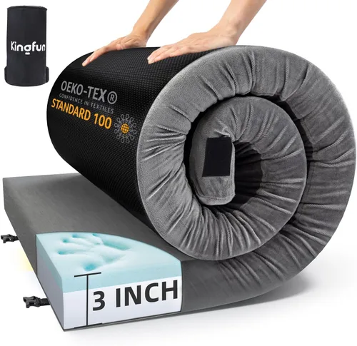 Vista 8 de Kingfun Colchón de espuma viscoelástica CertiPUR-US de 3 pulgadas, almohadilla de dormir impermeable enrollable, tapetes gruesos para piso