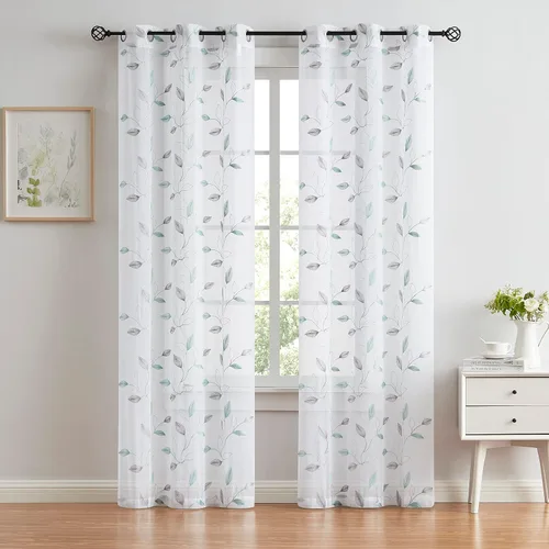Vista 32 de Bujasso - Cortinas de hojas transparentes de 63 pulgadas, bordadas con flores, estilo granja, cortinas con filtro de luz para ventana, patrón Dorado