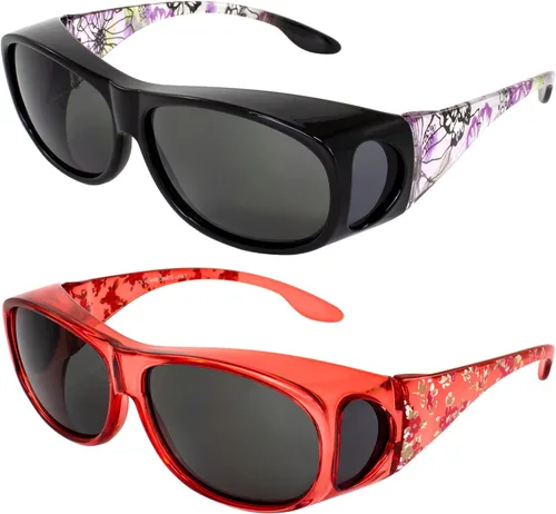 2 pares de gafas de sol Global Vision Fanfare 2 para mujer, monturas florales moradas y rojas con lentes ahumadas, se ajustan sobre gafas