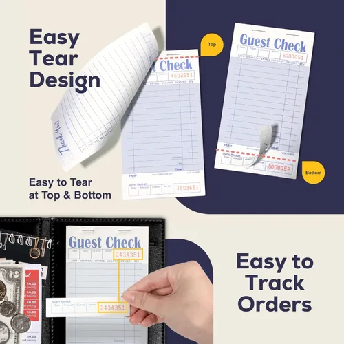 Vista 4 de FMP Brands Libros de Comprobantes de Huéspedes para Meseros, Papel de Blocs de Notas para Meseros, Total 250 Hojas (5 Blocs), Azul con Recibo