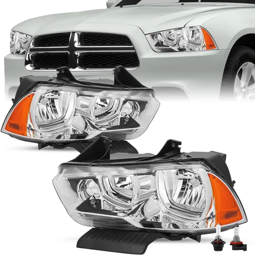 Vista 13 de SOCKIR Juego de montaje de faros delanteros compatible con Dodge Charger 2011 2012 2013 2014 Faro halógeno de repuesto negro con reflector ámbar