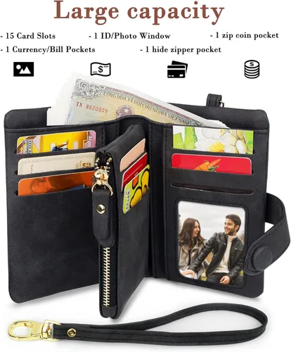 Vista 2 de CONISY Billeteras pequeñas de pulsera para mujer, billetera de cuero plegable RFID con ventana de identificación y cremallera