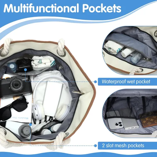 Vista 4 de Lekesky Bolsas de playa para mujer, grandes, impermeables, con cremallera, bolsa de playa, impermeable, a prueba de arena, bolsa de piscina