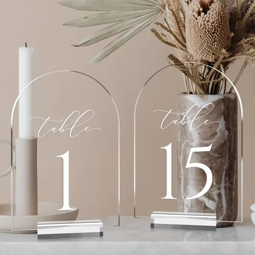 Vista 11 de JINMURY Números de mesa de arco transparente para boda, mesa de acrílico arqueada de 5 x 7 pulgadas, números 1-10 con soportes, letrero de arco