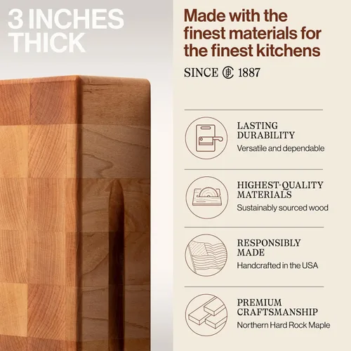 Vista 4 de John Boos Tabla de cortar de madera para cocina de 3 pulgadas de grosor, reversible, de grano final, bloque de charcutería con agarres para los dedos