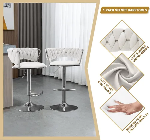 Vista 3 de Juego de 2 taburetes de bar giratorios de terciopelo, taburete de bar ajustable con respaldo tejido, sillas de comedor tapizadas, taburetes de bar