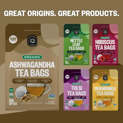 Vista 8 de FGO Té orgánico de Ashwagandha, 100 unidades, bolsitas de té de hierbas ecológicas, bolsa resellable, sin cafeína, el embalaje puede variar