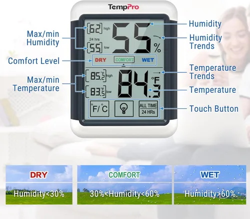 Vista 7 de ThermoPro TP55 - Higrómetro digital de interior, termómetro de 4 pulgadas con pantalla táctil y retroiluminación, termómetro de habitación / medidor