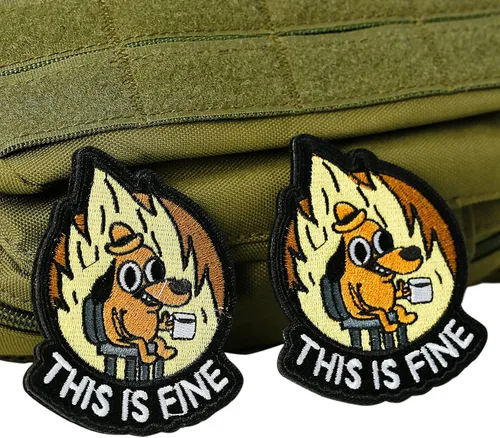 Vista 7 de XMJY Parche de Perro This is Fine, 1 Pieza Parches Bordados con Meme Divertido, Parche Táctico Militar de Ánimo con Respaldo de Cierre de Gancho