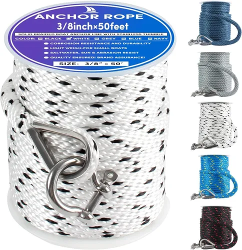 Vista 42 de Cuerda de anclaje prémium de 100 pies x 3/4 pulgadas, cuerda de anclaje MFP maciza con dedal y grillete, verde neón/azul