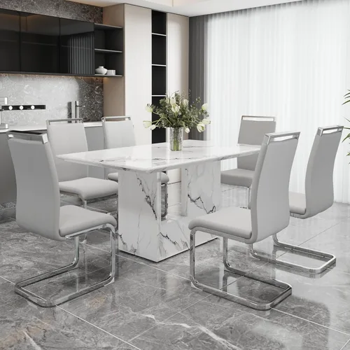 Vista 33 de Mesa de comedor rectangular de 63 pulgadas para 4-6 personas, mesa de cocina de color madera, mesas de comedor rectangulares de estilo moderno