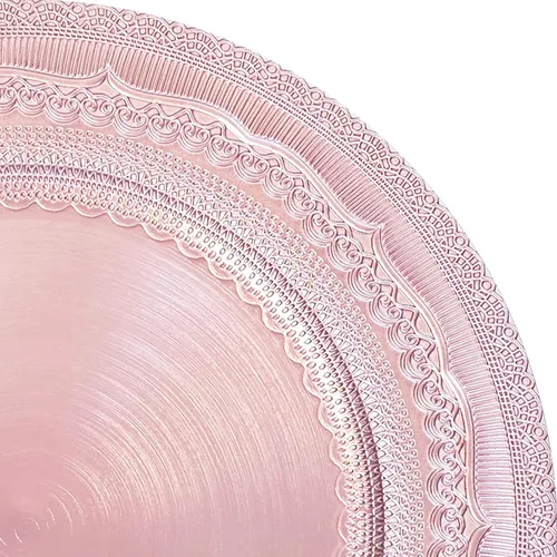 Vista 7 de Platos de carga de 13" de aluminio rosa, juego de 6 platos elegantes con relieve de encaje, platos de servidor redondos para plato de cena, juego
