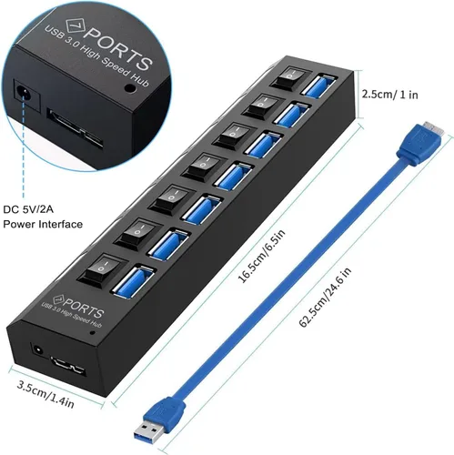Vista 6 de vienon Hub 3.0, extensor USB de 7 puertos con interruptores LED individuales de encendido/apagado, concentrador USB3.0 para laptop, PC, MacBook, Mac