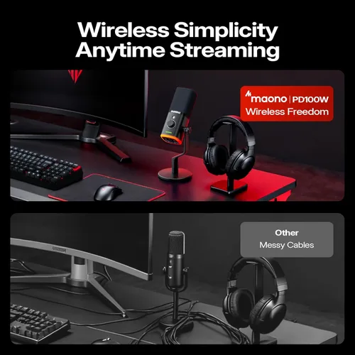 Vista 9 de MAONO PD100WS - Micrófono inalámbrico para juegos para PC, micrófono USB de transmisión dinámica con cancelación de ruido de 3 niveles, RGB, botón