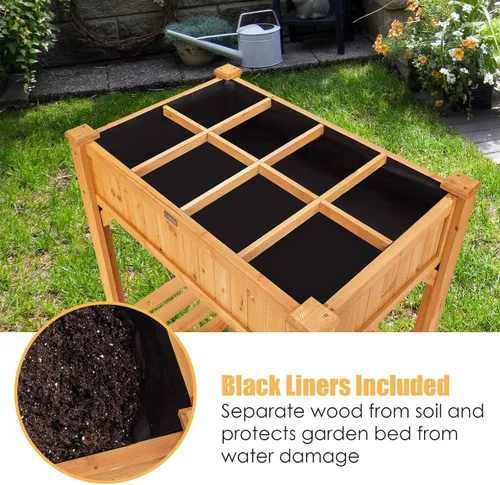 Vista 5 de Giantex Cama de jardín elevada, kit de maceta elevada con 8 rejillas y forro para hierbas, verduras, flores, contenedor de madera de abeto macizo al