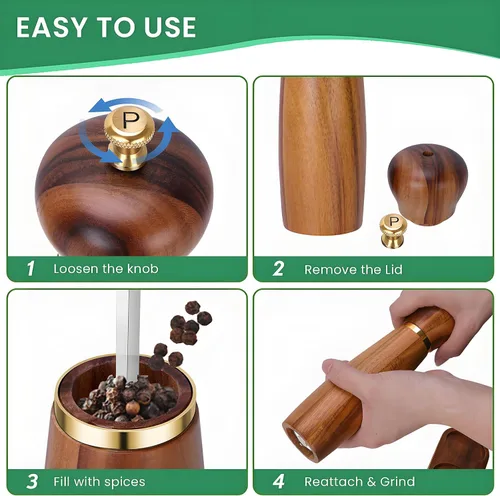 Vista 7 de Juego de molinillo de sal y pimienta de madera de acacia, molinillo de pimienta manual de 8 pulgadas con grosor ajustable, juego de 2 saleros
