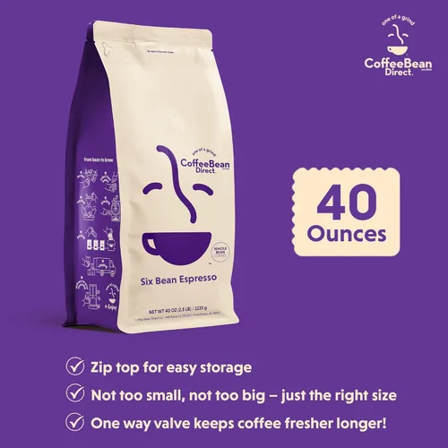 Vista 3 de Café Espresso de Seis Granos Coffee Bean Direct, Café en Grano Tostado Oscuro, Bolsa de 2.5 Libras (Paquete de 1)