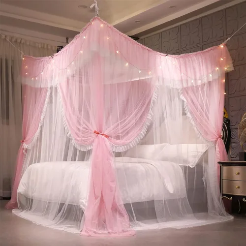 Vista 5 de VETHIN Cortina de cama de princesa con volantes de 4 esquinas, doble capa, acogedora red mosquitera de 4 aperturas para niñas y adultos, decoración