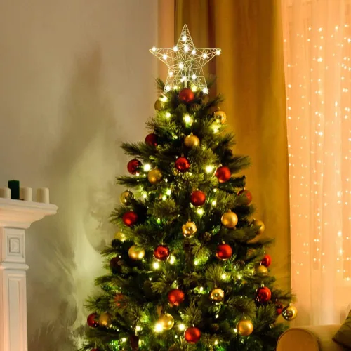 Vista 7 de PHITRIC Decoración para árbol de Navidad con forma de estrella de Navidad de 10 pulgadas iluminada, estrella dorada para árbol de Navidad con 20