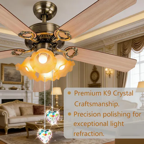 Vista 2 de Extensor de cadena para ventilador de techo, paquete de 2 colgantes decorativos de prisma de corazón de cristal de 12 pulgadas con conectores