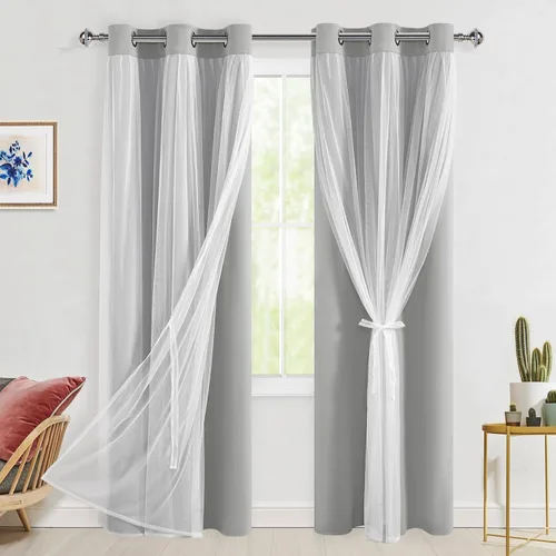 Vista 41 de Hiasan Cortinas opacas con superposición transparente, con ojales, aislamiento térmico, para mezclar y combinar, cortinas de ventana de doble capa