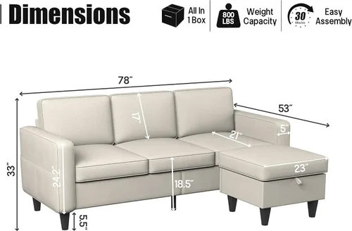 Vista 2 de Sofá seccional convertible beige en forma de L, moderno sofá de 3 asientos de tela de lino con otomana de almacenamiento para sala de estar, espacio
