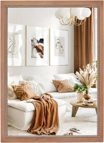 Vista 10 de Sawsile - Espejo redondo de madera, 45 cm, espejo circular rústico de granja con marco natural de madera con cuentas boho, espejo de pared