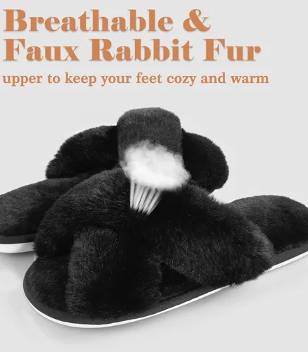 Vista 4 de Ankis - Pantuflas negras, grises y blancas para mujer, mullidas, afelpadas y cómodas con banda cruzada, espuma viscoelástica y punta abierta