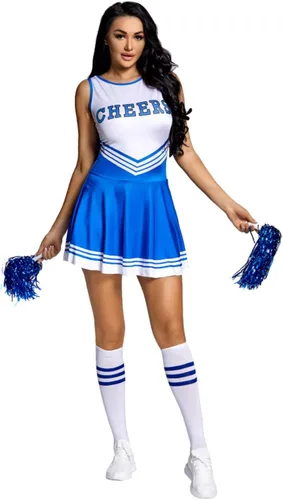 Disfraz de animadora para mujer, disfraz de Halloween con pompones de animadora y calcetines altos a la rodilla, uniforme