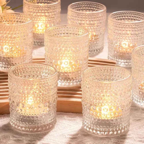 Vista 8 de Juego de 3 portavelas votivas doradas, candelabros de cristal con patrón geométrico de ondas de rayas, decoración de mesa de centro de mesa