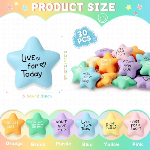 Vista 2 de Libima 30 bolas motivacionales para el estrés con forma de estrella a granel de 2.2 pulgadas, coloridas bolas de espuma para aliviar la ansiedad