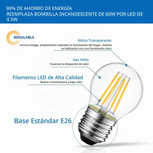 Vista 6 de ANWIO Bombilla LED redonda E26 G14 regulable, 4.5 W Eqv 60 W, paquete de 6